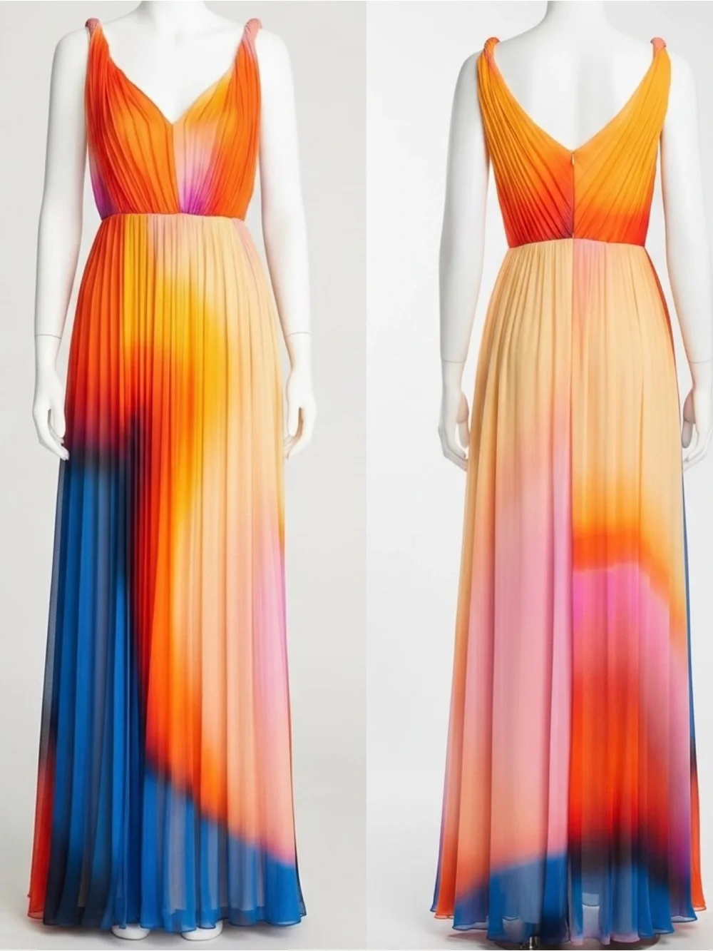HALSTON Stacia Crinkle Chiffon A-Line Watercolor Ombre Chiffon Maxi Dress